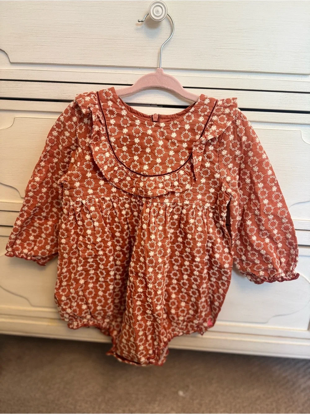 Pink Chicken Dark Orange and White Bubble Romper. 18-24 Months.